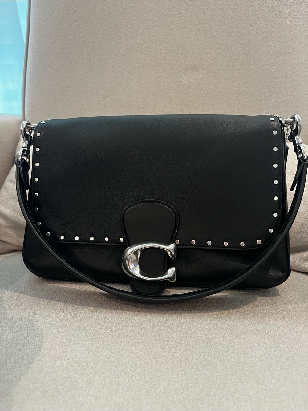 Coach Black Leather soft tabby in Silver HW and Rivets tooled floral strap